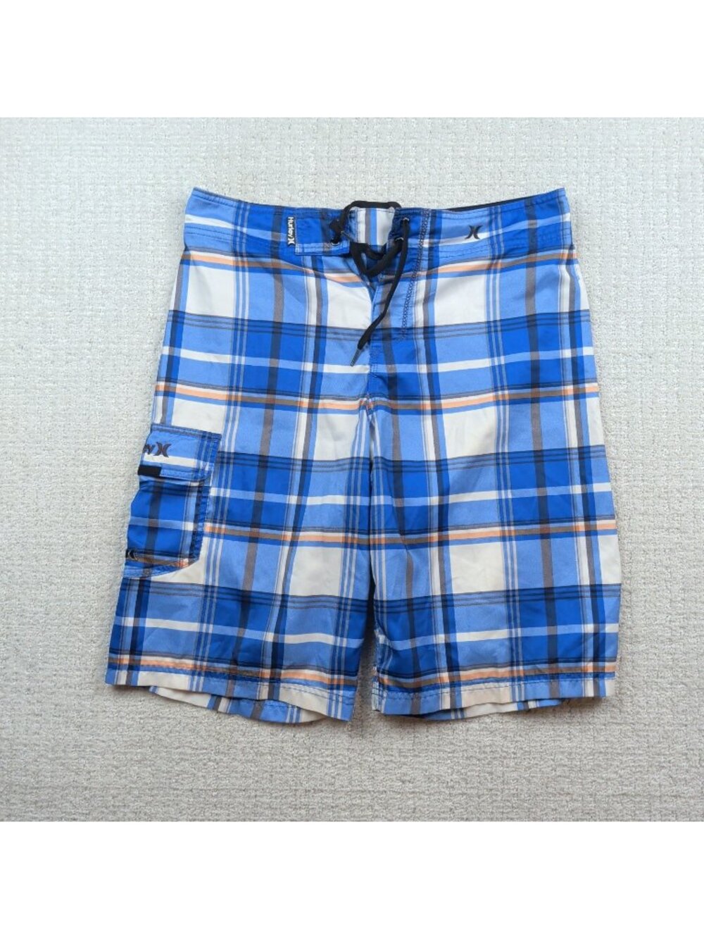 Y2K Hurley Board Shorts Mens 30 Orange / Blue Plaid Swim Trunks Suit Surfer